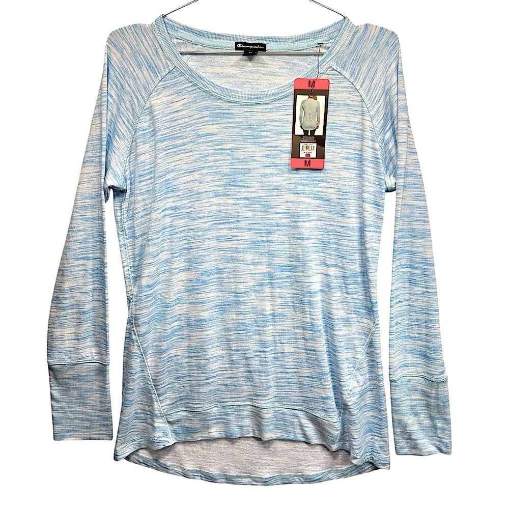 Champion Elite Hi Lo Hem Blue and White Long Raglan Sleeve Performance Sweater